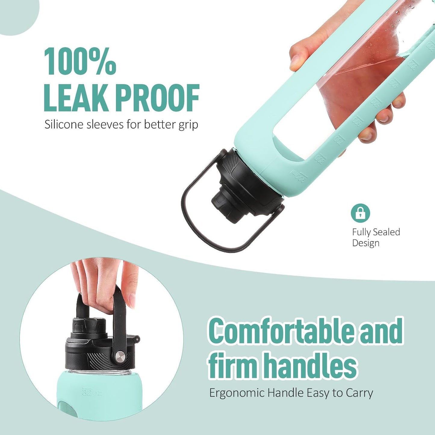 Kodrine Water Bottle with Straw, 24 oz Glass water Bottle with 2 Lids Bamboo Straw Lid and Spout Lid with Handle, 32 oz Clear Water Bottle Glass for Sports Travel, Waterbottle with Time Marker