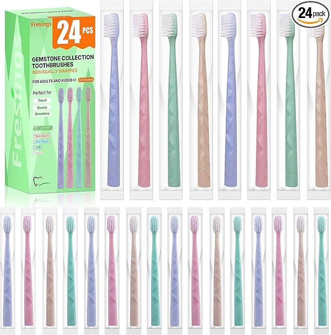 24 Pack Premium Disposable Toothbrush with Tongue Scraper – Individually Wrapped Bulk Travel Toothbrushes, Soft Bristles for Guests, Hotel, Vacation Rental, Home & On The Go,4 Colors