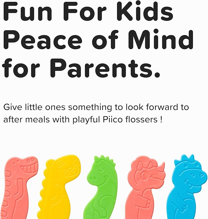 Piico Unflavored Kids Floss - No Fluoride Dual Line Dental Floss Picks - Fun Oral Care in Colorful Floss Sticks Design - Kids Flossers Avoid Tooth Decay & Gum Disease - 80 Count Dino