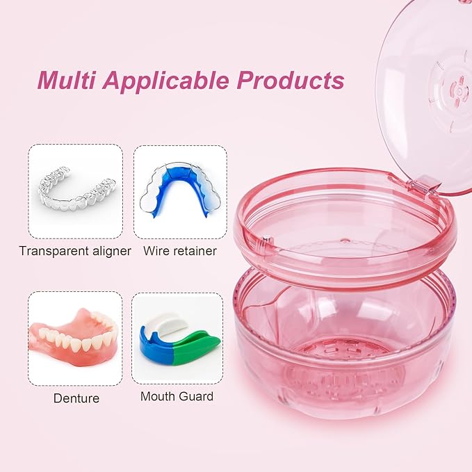 Retainer Cleaner Case,Double Layer No-Leak Denture Cup for Soaking Dentures, Denture Bath for Aligner,Retainers,Mouth Guard,Night Guard (Pink)