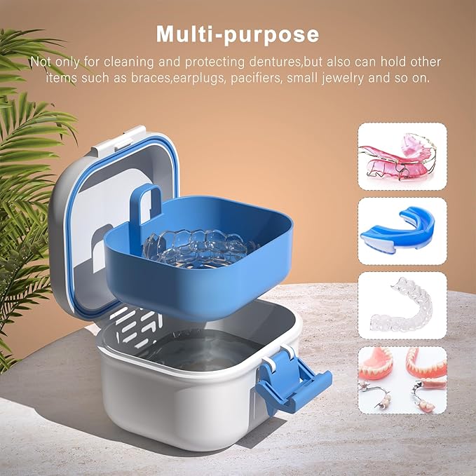 BVN Leak-Proof Denture Case, Denture Cup for Soaking Dentures, Retainer Cleaning Case Bule and White Denture Case