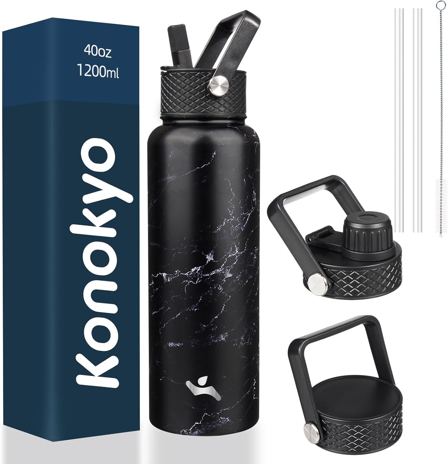 40oz Insulated Water Bottle Stainless Steel Sport Bottles with 3 Lids,Marble Midnight