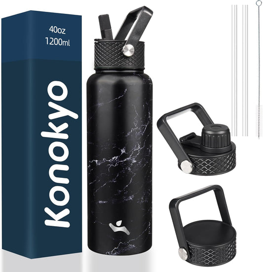 40oz Insulated Water Bottle Stainless Steel Sport Bottles with 3 Lids,Marble Midnight