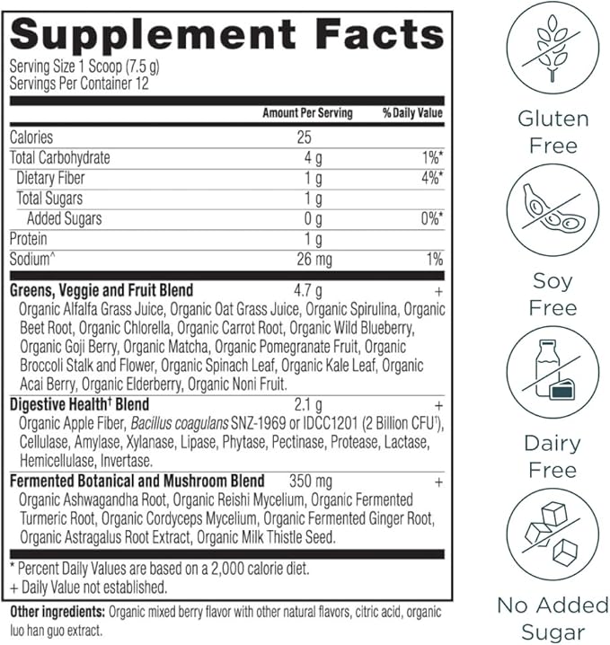 Ancient Nutrition SuperGreens Powder with Probiotics, Organic Berry Flavor Greens, Made from Real Fruits, Vegetables and Herbs, Digestive and Energy Support, 12 Servings, 3.2oz