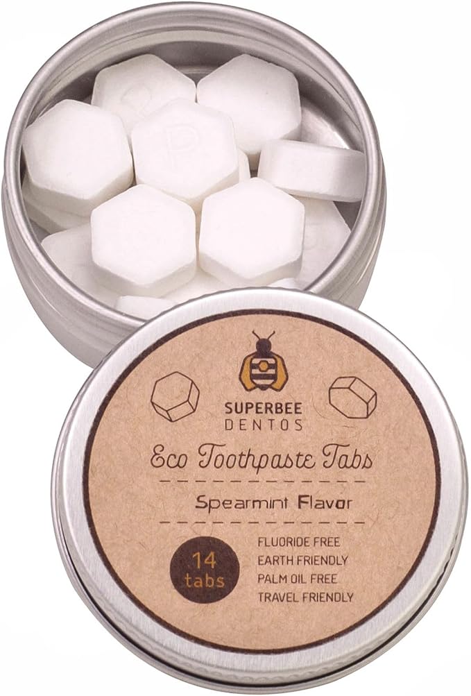 SuperBee Dentos Toothpaste Tablets & Biodegradable Bamboo Toothbrushes, 14 Tabs, Fluoride Free & Eco Friendly, Travel Mouthwash Tablets, Sensitive Bites Kids Adults