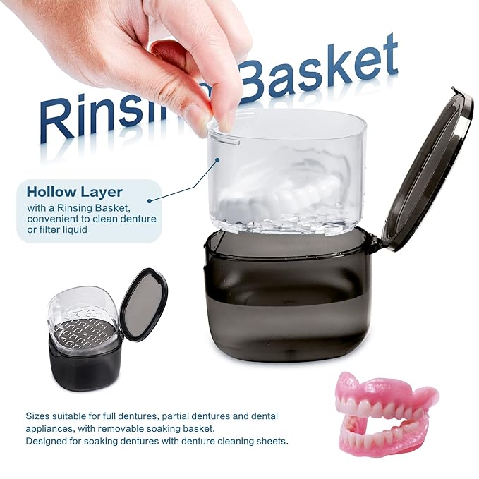 Upgraded Denture Bath Box Cup, No-Leak Denture case,Retainer Cleaning Box, Complete Clean Care for Dentures, Clear Braces, Mouth Guard, Night Guard & Retainers (transparent grey)