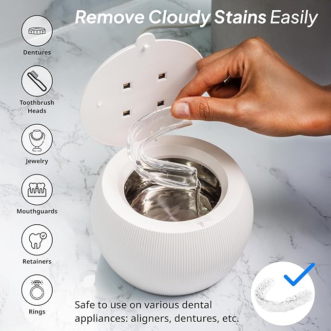 Swissklip ShinePod Ultrasonic Dental Cleaning Pod | Ultrasonic Retainer Cleaner Machine | Mouth Guard Cleaner| Night Guard Cleaner| Aligner Cleaner | Denture Cleaner - White