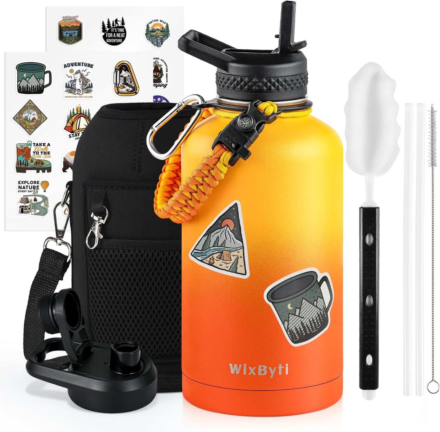 64 oz Insulated Water Bottle with Straw (Cold for 48 Hrs), Half Gallon Stainless Steel Triple Wall Vacuum Sports Water Jug, Leakproof Hydro Cup Flask with Straw Spout Lids & DIY Stickers