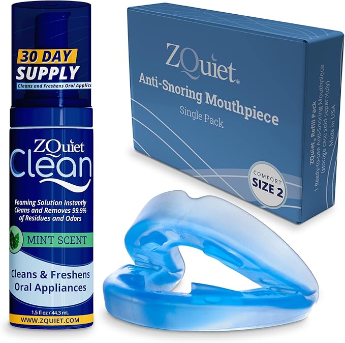 ZQuiet Anti-Snoring Mouthpiece Solution - Comfort Size #2 (Single Device) + Cleaner (1.5oz Bottle) - Made in USA Snoring Solution for a Better Night’s Sleep (Blue)