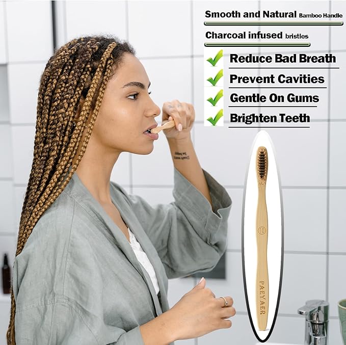 10 Count Bamboo Toothbrush (Soft+Medium) Charcoal Toothbrushes, Natural Wood Toothbrushes, Reusable Travel Toothbrushes