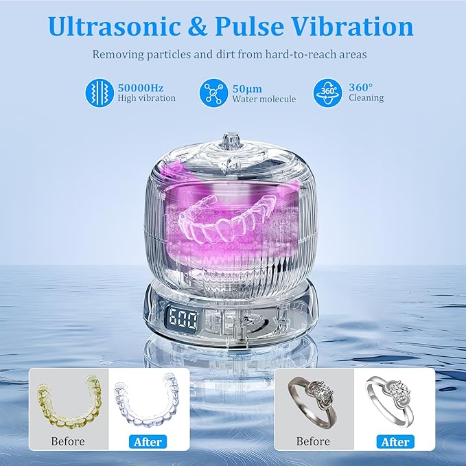 50kHz Ultrasonic Retainer Cleaner Machine for Travel & Home, Portable Denture Cleaner with Removable Base, 4 Modes Timer, Dental Cleaning Pod for Aligners, Braces, Mouth Guard, Jewelry, Toothbrush