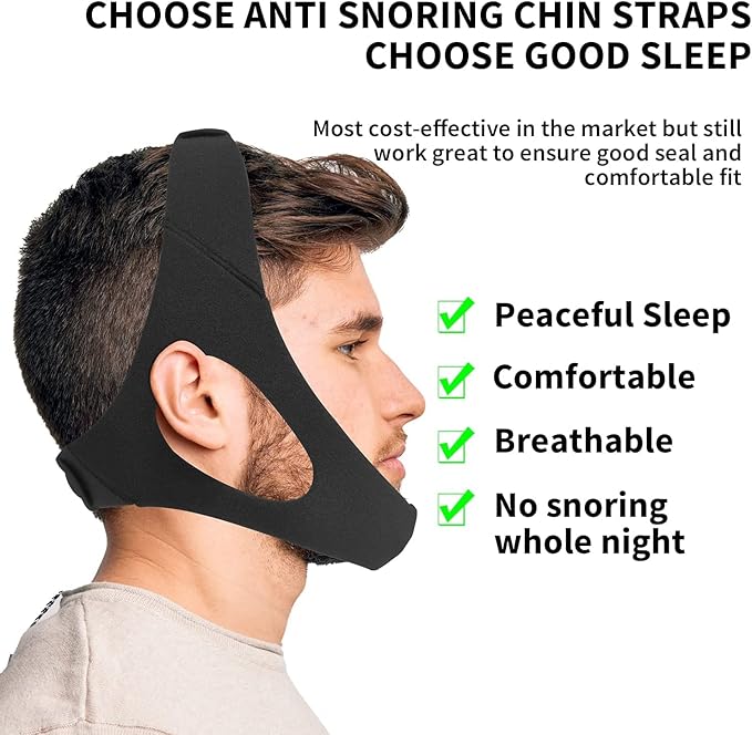 Anti Snoring Chin Strap for Men and Women, Comfortable Chin Strap for Cpap Users, Adjustable Stop Snoring Chin Strap Snoring Solution Chin Straps to Keep Mouth Closed While Sleeping (Black)