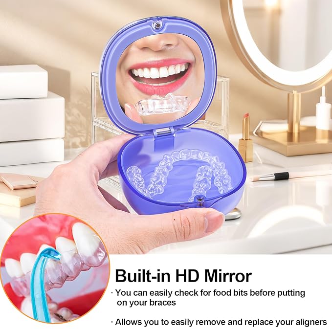 Double-layer Retainer Box Case Orthodontic Teeth Aligner Case with Mirror, Dental Night Mouth Guard Holder with Retainer Remover Tool, Chew and Brush - Secure Magnet Closure - Transparent Blue