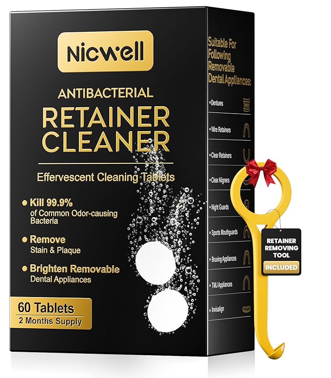 Nicwell Effervescent Retainer Cleaner Tablets: Kills 99.9% Odor-Causing Bacteria on Dentures & Orthodontic Appliances 60pcs Travel Friendly White