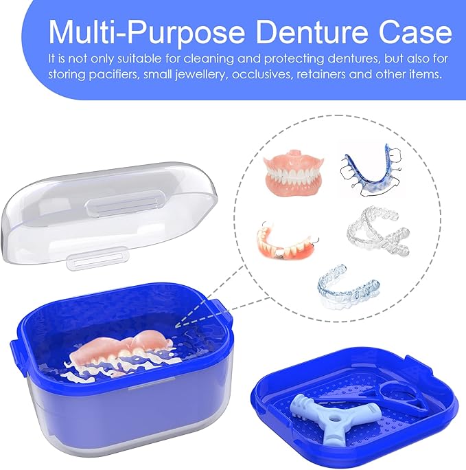 ARGOMAX Denture Case, Denture Cup for Soaking Dentures, Thorough Cleaning of Dentures, Retainer, Clear Braces (Clear Case + Dark Blue Filter and Tray).