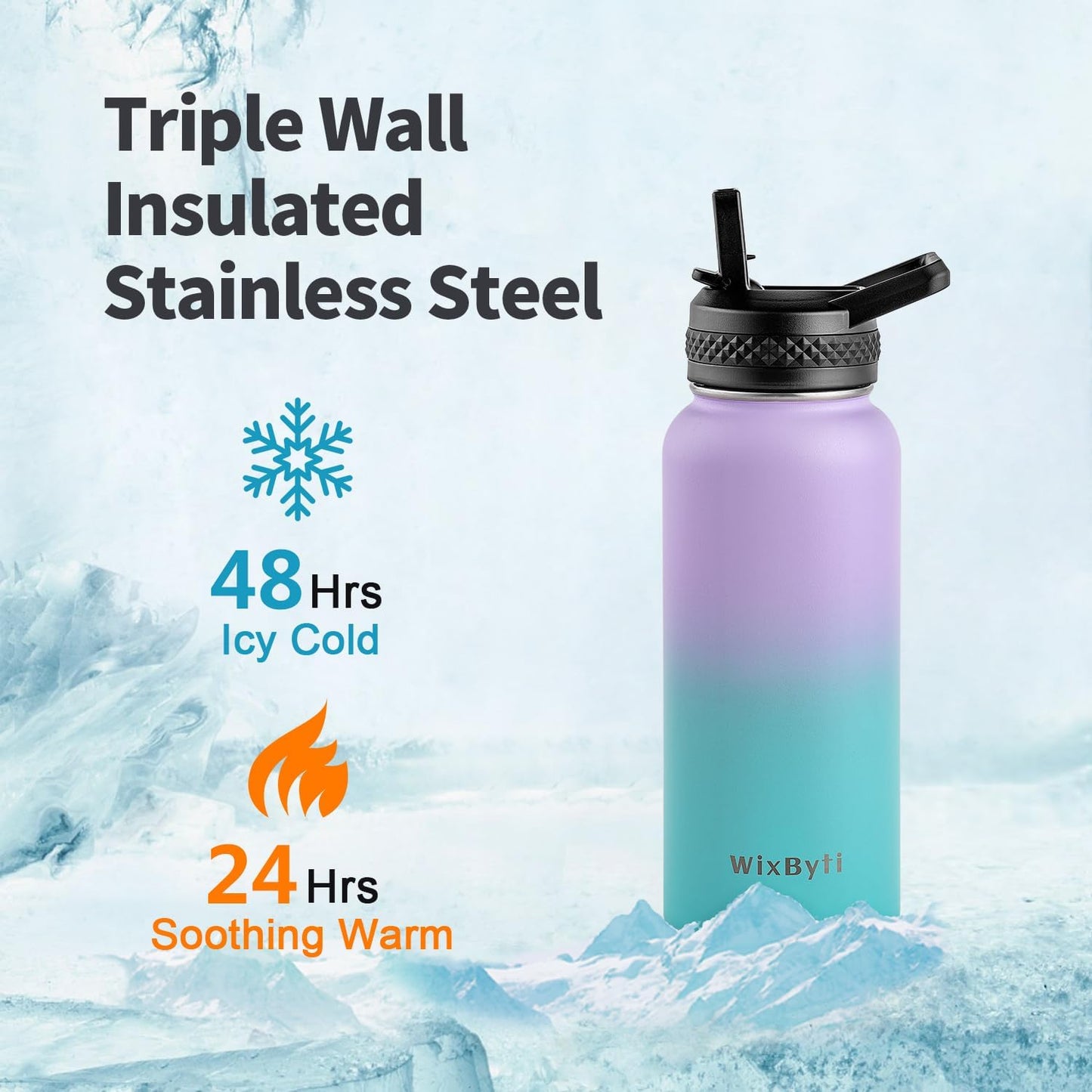 32 oz Insulated Water Bottle with Straw (Cold for 48 Hrs), Stainless Steel Triple Wall Vacuum Sports Water Jug, Leakproof Hydro Cup Flask with Paracord Handle & Straw Spout Lids & DIY Stickers
