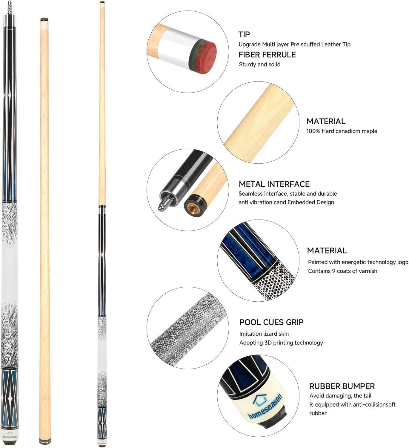 HomeSeason Pool Cue Stick 58" Billiard Cue Sticks 3D Printed Grip Professional Low Deflection Pool Sticks Maple Wood Pool Sticks 13mm Tip