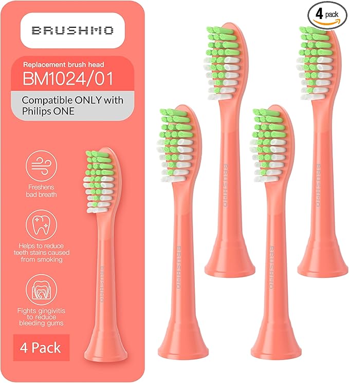 Brushmo Replacement Toothbrush Heads, Compatible with Philips One for Sonicare Electric Toothbrush Handles HY1022, 4 Standard Heads with Tongue Cleaner, Soft Dupont Bristles, BM124m, Miami Coral