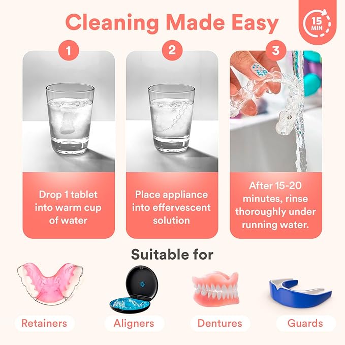 Weiss Naturals Retainer Cleaning Tablets, Invisalign Cleaner, Remove Stains, Odors & Plaque, FSA & HSA Eligible, Night Guard Cleaner PERSULFATE & DYE-FREE 2-Month Supply, Denture Cleaners, 60 Tablets