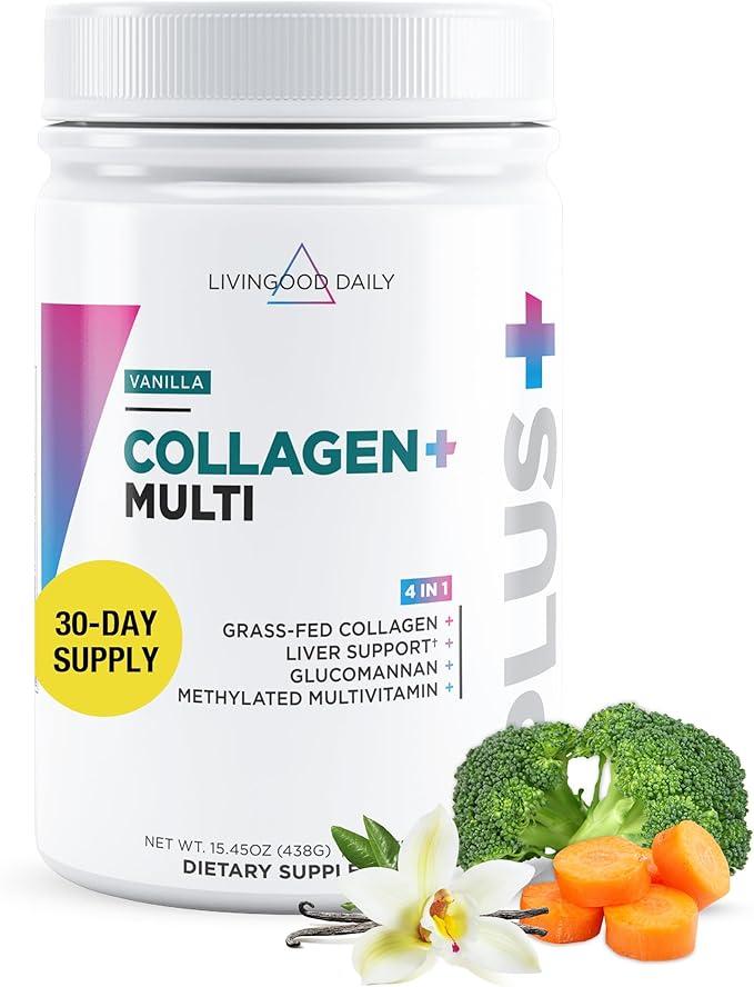 Livingood Daily Collagen Powder for Women and Men, Vanilla, Grass Fed Protein, Hydrolyzed Collagen Peptides with Vitamin C & Multi Vitamins for Hair, Skin, Nail & Gut Health, Gluten Free, 30 Servings