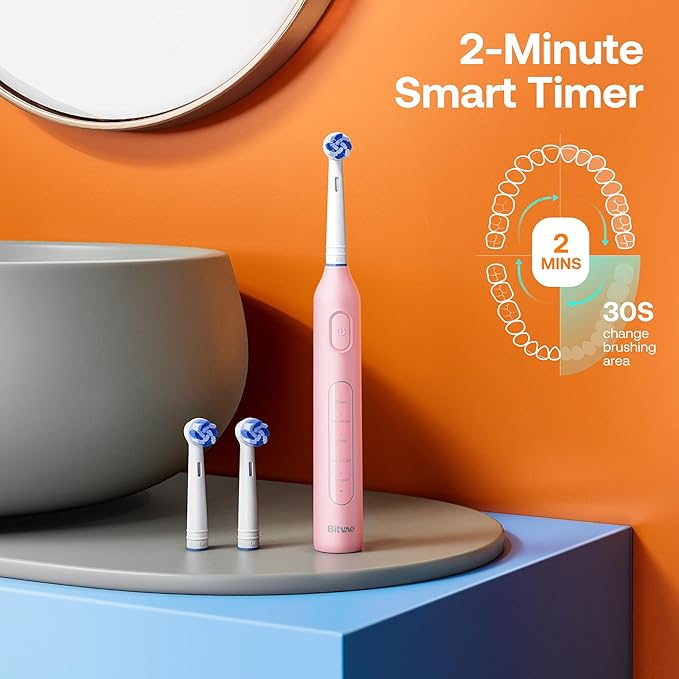 Bitvae R1 Rotating Electric Toothbrush with 8 Brush Heads for Adults and Kids, 5 Modes Rechargeable Power Toothbrush, 3 Hours Fast Charge for 60 Days, Brushing Timer, Pink