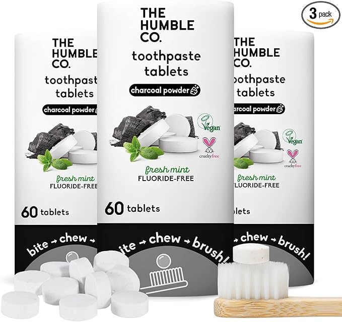 The Humble Co. Charcoal Powder Toothpaste Tablets Fluoride-Free, 3pk - Anticavity, Fluoride Free Toothpaste Dental Tablets with Natural Ingredients, Dentist Developed Formula (Charcoal, 3 Pk)