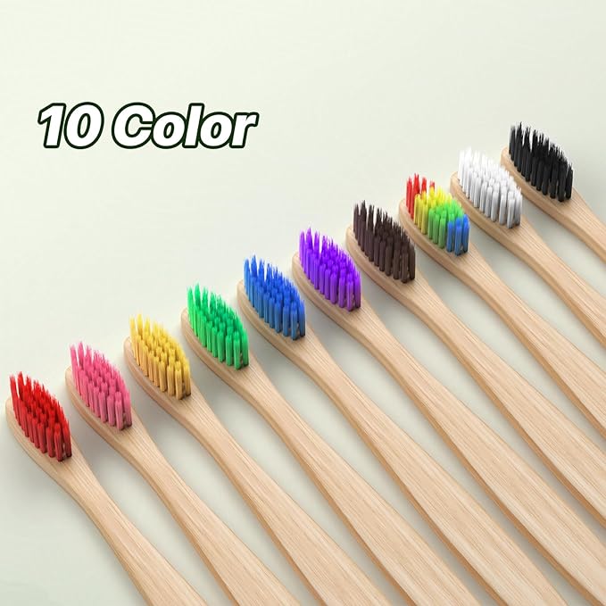 10 Color Soft Bristles Natural Bamboo Toothbrushes Set, Premium BPA Free for Best Clean, Eco-Friendly, Plastic-Free, Vegan, Biodegradable & Compostable Charcoal Wooden