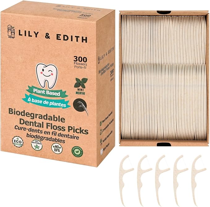 LILY & EDITH Biodegradable Dental Floss Picks Adults and Kids 300 Counts, Fluoride-Free, Plant Based Straw Wheat Material, Zero Waste Package, Shred Resistant (Mint)