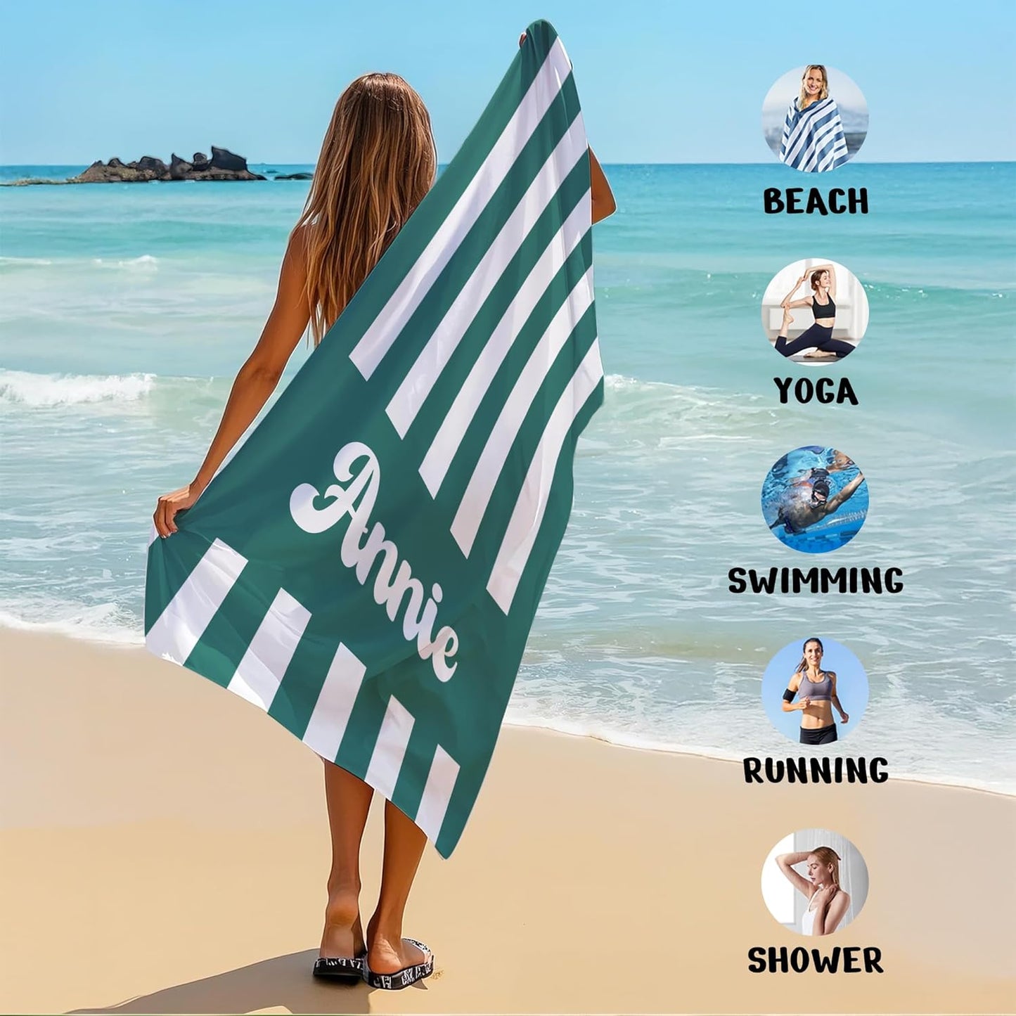 JML Personalized Beach Towel with Name, Custom Cabana Stripe Beach Towel, Customized Microfiber Pool Towel, Quick Dry & Absorbent Swim Towel for Adult,Mother's Day, Birthday, Summer Holiday,Vacation