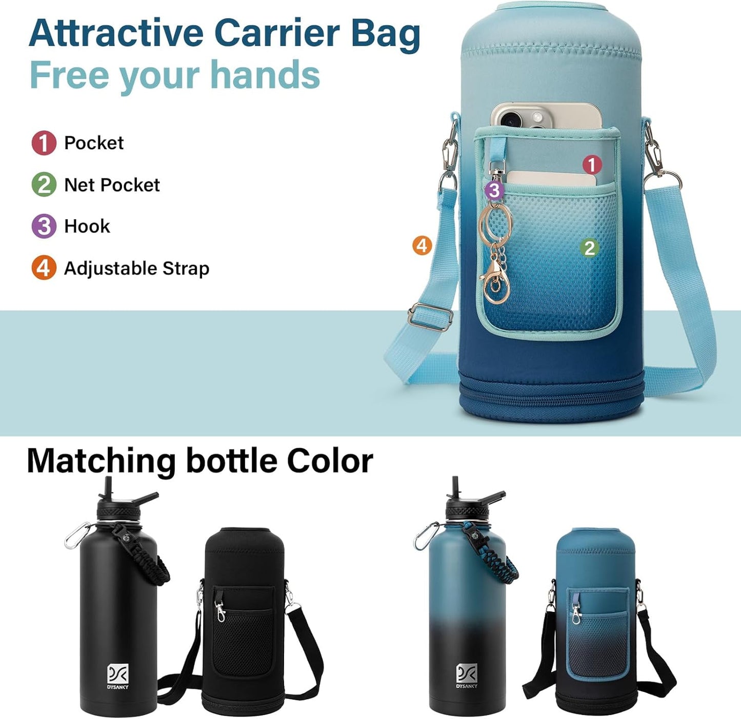 Insulated Water Bottle | Thickened Stainless Steel for Gym and Hiking with Straw, Carrier Bag, Handle Strap | BPA-Free 87 oz