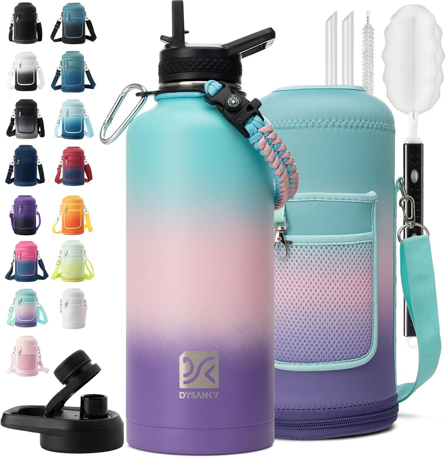 Insulated Water Bottle | Thickened Stainless Steel for Gym and Hiking with Straw, Carrier Bag, Handle Strap | BPA-Free 87 oz