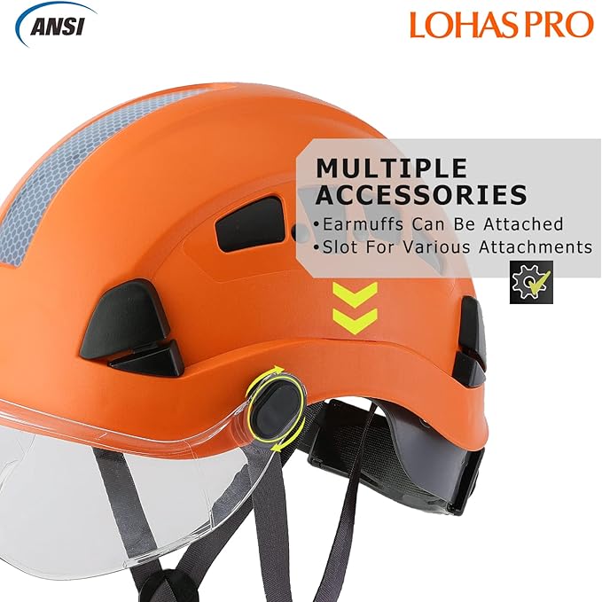 LOHASPRO Hard Hats Construction Safety Helmet with Visor ANSI Z89.1 Approved OSHA Hardhat, Vented Men Work Hard Hat with Chin Strap Tree Climbing Arborist Helmet (P4 Orange+Clear Visor)