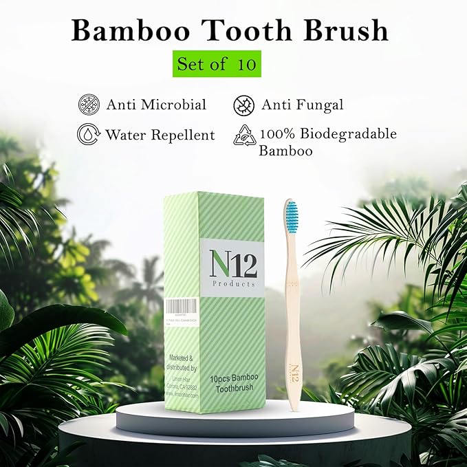 N12 Biodegradable Pack of 10 Bamboo Toothbrushes - Multicolored Charcoal BPA-Free Soft Bristol, Eco-Friendly, Sustainable Reusable Travel Tooth Brush