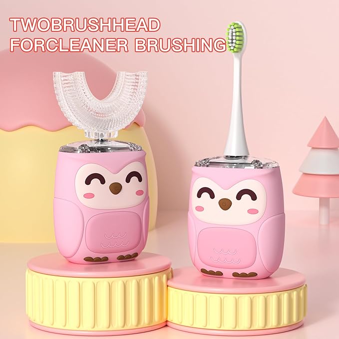Kids Electric U Shaped Toothbrush Kids Sonic Toothbrush with 4 Soft Brush Head Automatic Full Mouth 6 Cleaning Mode-(Age2-7 Pink)