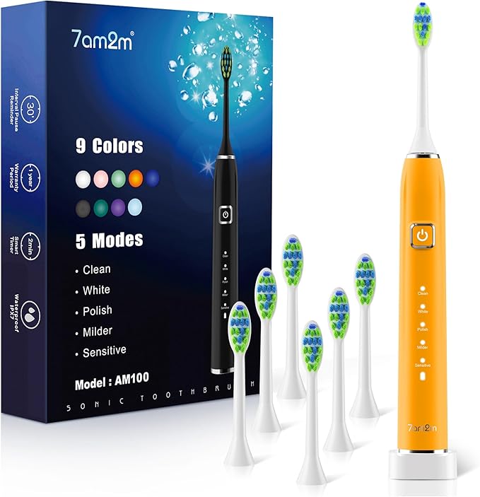 7AM2M Sonic Electric Toothbrush with 6 Brush Heads for Adults&Kids, One Charge for 120 Days, Wireless Fast Charge, 5 Modes, 40000VPM Powered Toothbrush, 2 Minutes Built in Smart Timer - Orange