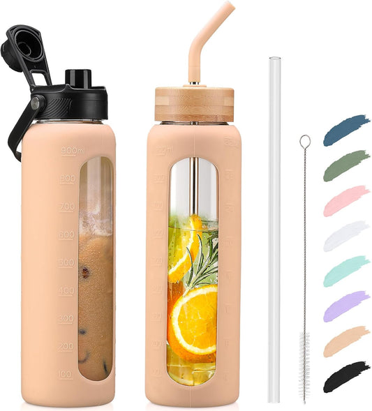 Kodrine Water Bottle with Straw, 24 oz Glass water Bottle with 2 Lids Bamboo Straw Lid and Spout Lid with Handle, 32 oz Clear Water Bottle Glass for Sports Travel, Waterbottle with Time Marker