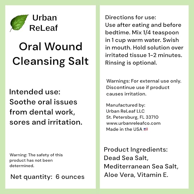 Urban ReLeaf Oral Wound Cleansing Salt 6 oz Bag! Makes 90 Cups of Solution. Soothe, Heal Irritation, Dental Work. 100% Natural, Braces, Mouth, Gum, Canker Sores, Dentures. Made in USA Fresh!