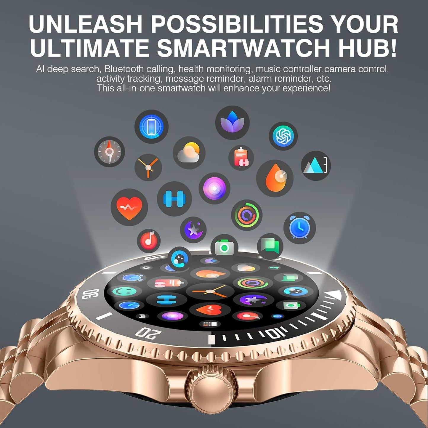 2025 DA GPT Smart Watch, Deep Search, Heart Rate, Blood Pressure, Blood Oxygen, Sleep Monitor, 107 Sports Modes, Waterproof Round Watch, 1.19-inch AMOLED Display, Compatible Android and iOS Gold Metal