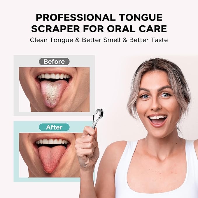 RONAVO Tongue Scraper Tongue Cleaner (New Series) Tongue Scraper for Adults Portable Storage Tongue Coating Removal Bad Breath Care Metal Tongue Scraper with Pink Carrying Case