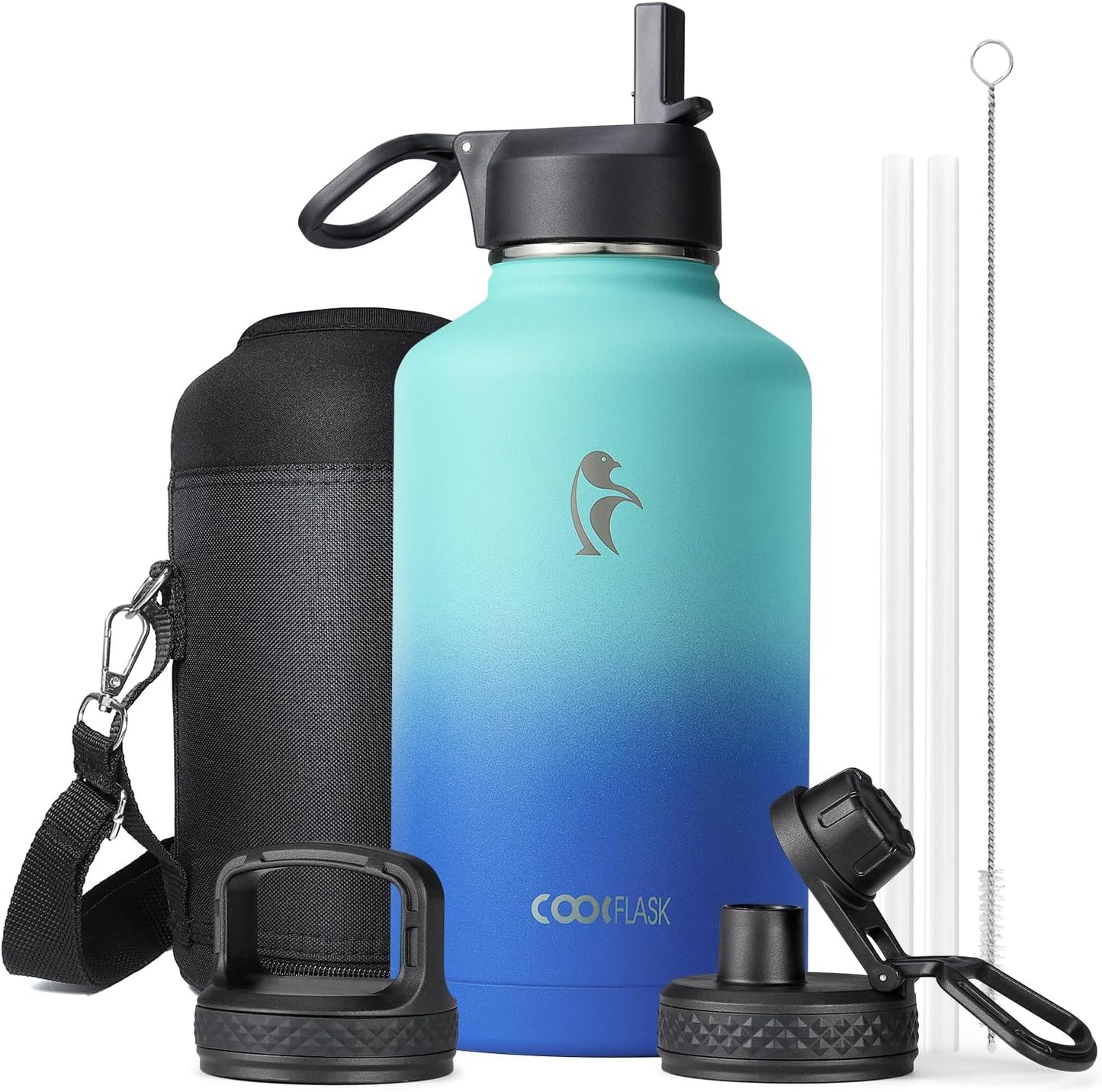 Insulated Water Bottle 64 oz with Straw & 3 Lids, Coolflask Half Gallon Water Jug Large Metal Stainless Steel Wide Mouth for Sports, Gym or Office, Non-BPA Keep Cold 48H Hot 24H, Pacific Prince