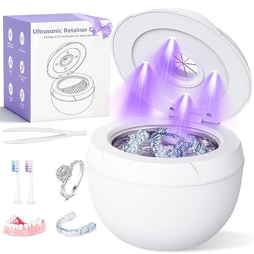 Ultrasonic Retainer Cleaner Machine 45khz Cleaning Pod for Denture Cleaner 200ml Mouth Guard, Aligner, Night Guard, Toothbrush, Jewelry, 4 Cleaning Modes Digital Timer, Gifts for Women, White