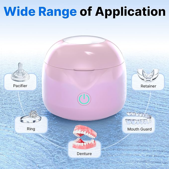 Ultrasonic Retainer Cleaner - UV Dental Cleaning Pod Night Guard Cleaner for Dentures, Aligner, Braces, Toothbrush Heads, Jewelry (Pink)