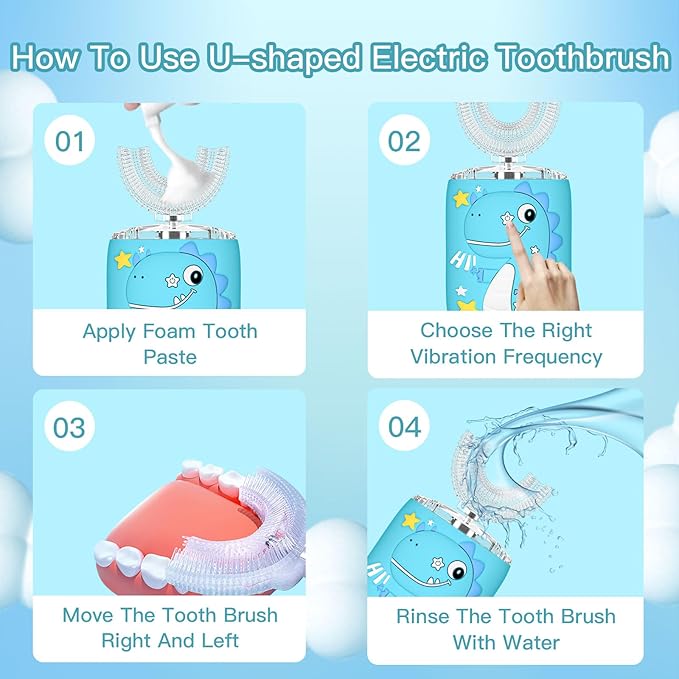 Kids Electric U Shaped Toothbrush,Kids Dinosaur Sonic Full Mouth Toothbrush with 4 Soft Brush Head Automatic 6 Cleaning Modes IPX7 Waterproof 360 Degree Cleaning - Age8-15 Pink