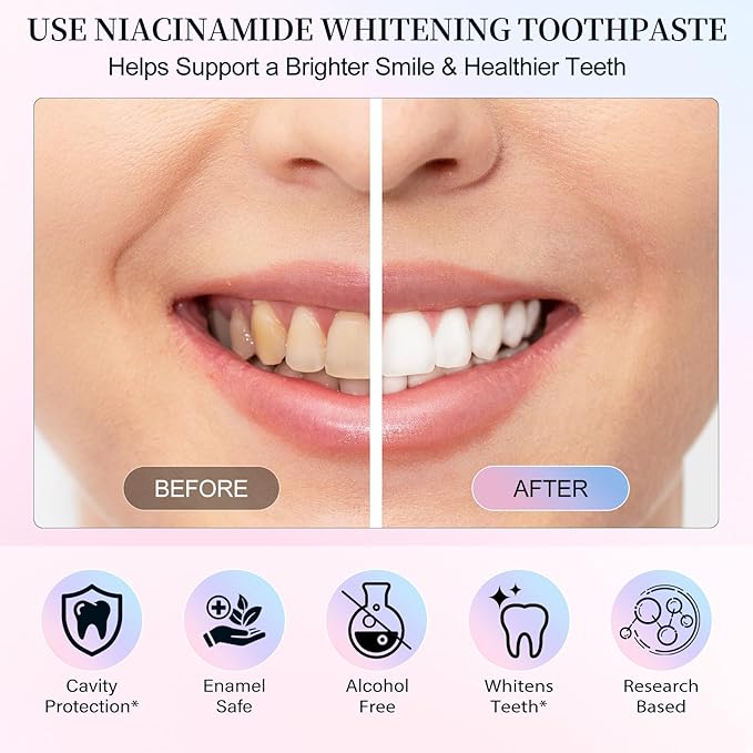 Niacinamide Whitening Toothpaste – Intensive Triple Whitening Toothpaste for Deep Stain Removal, Fresh Breath, Natural Mint & Peach Flavor, Gentle Formula Improves Gum Health, 3.5oz