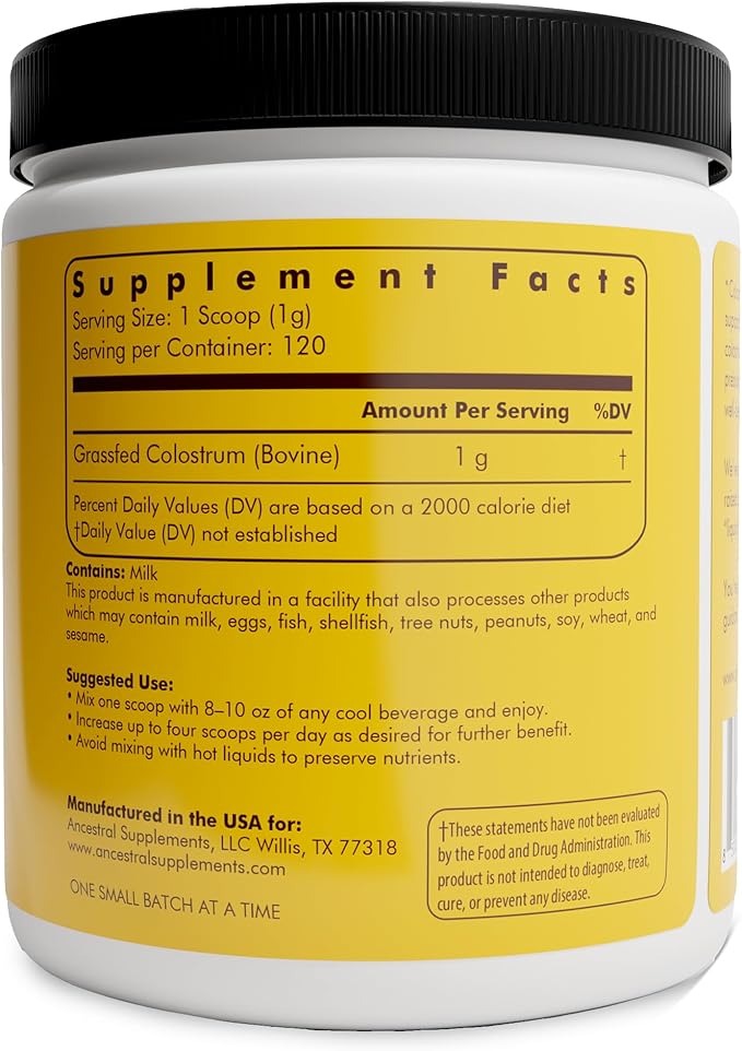 Ancestral Supplements Bovine Colostrum Powder - Grass Fed, Freeze Dried, Immune Support and Gut Health, 120 Servings
