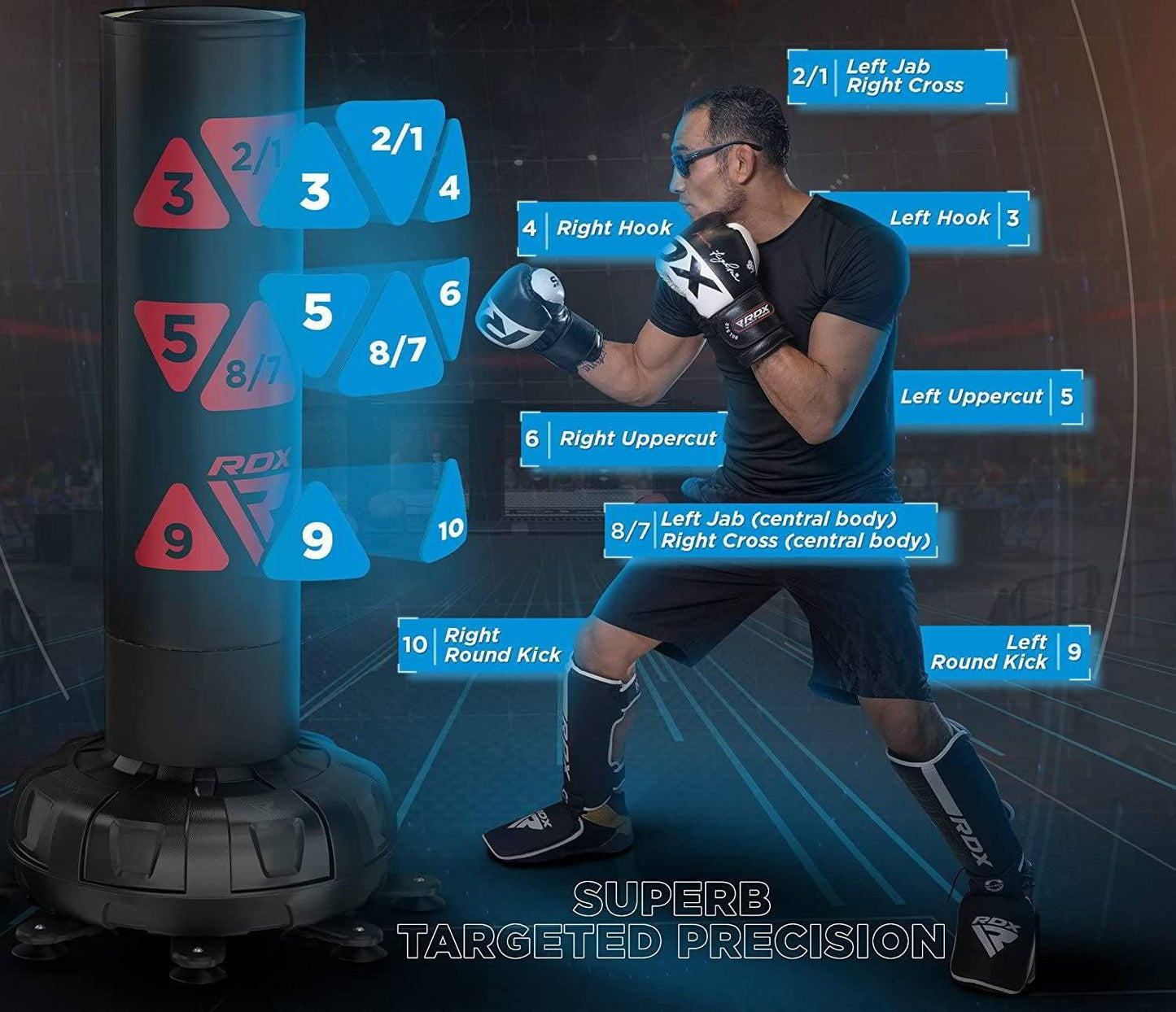 RDX XXL 330LBS Target Freestanding Punching Bag with Cover & Gloves – 72” Adult Heavy Pedestal Punch Bag Set - 17 Suction Cup 8 Extended Legs Stand Base - Kick Boxing MMA Muay Thai Home Gym Fitness