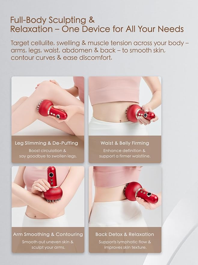 Lymphatic Drainage Massager & Anti Cellulite Massage Tool, Helps Reduce Stretch Marks & Cellulite, for Legs, Arms & Belly, Body Sculpting Machine with Microcurrent, Light, Heat & Vibration,Red