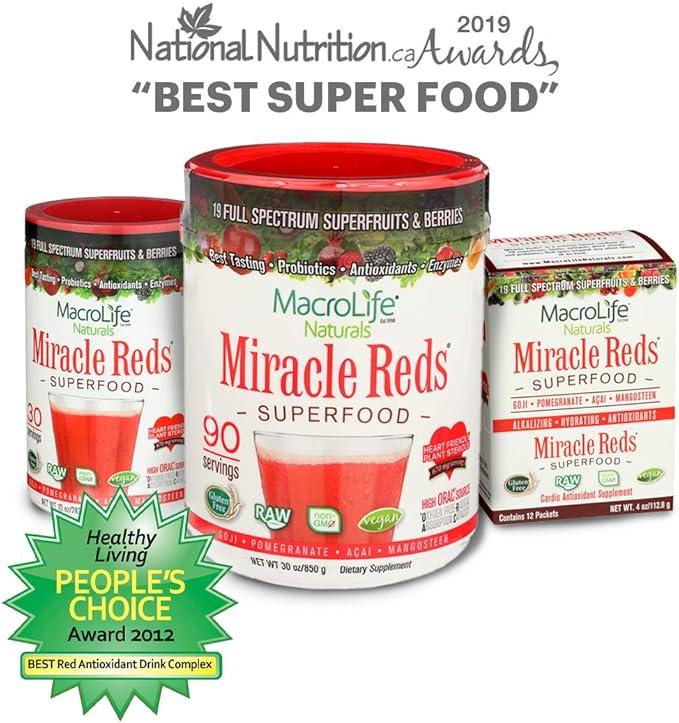 MacroLife Naturals Miracle Reds Superfood Supplement Powder Antioxidants Polyphenols Enzymes Probiotics - Raw Non-GMO Organic Vegan Gluten & Dairy Free - 30oz (90 Servings) 30oz