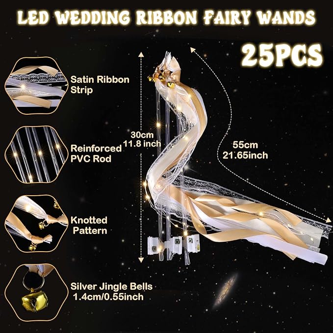 100 Pcs Wedding Wands Ribbon Streamers with 3 Colorful Flashing Modes, Light up LED Silk Fairy Wands, Glow Lace Stick with Bells for Wedding Reception, Graduation, New Year, Birthday Party (Champagne)