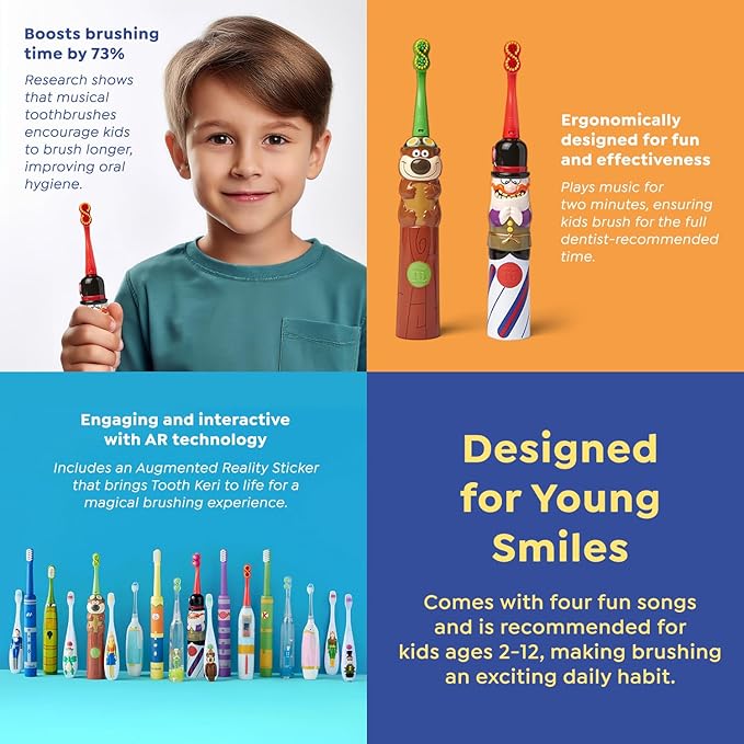SuperMouth Musical Sonic Toothbrush for Kids Ages 2-12 – 4 Fun 2-Min Songs, Built-in 2-Min Timer with Auto Shut-Off, Gentle Sonic Vibrations, Includes Augmented Reality to Teach Proper Brushing